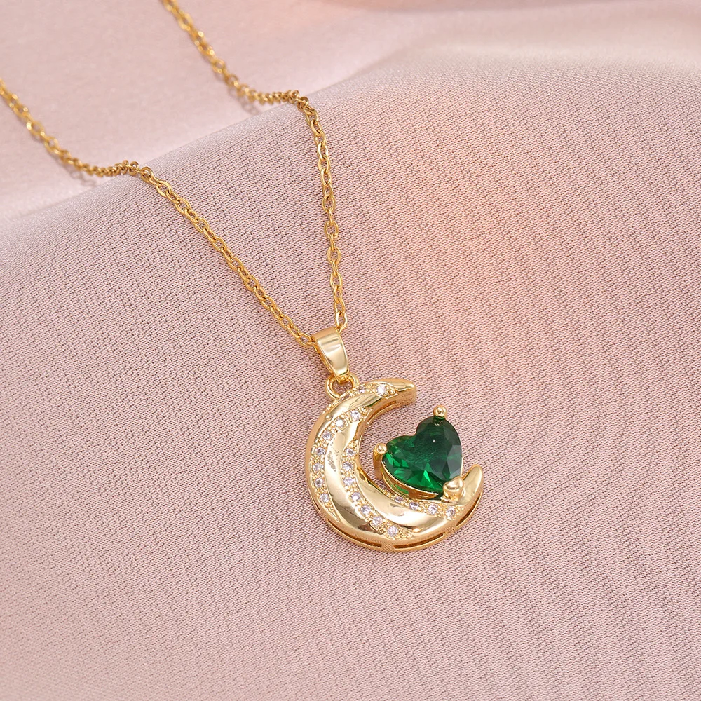 Fashion Simple Love Moon Emerald Pendant Necklaces for Women Girls Stainless Steel Trendy Romantic Jewelry Accessories Gifts 2