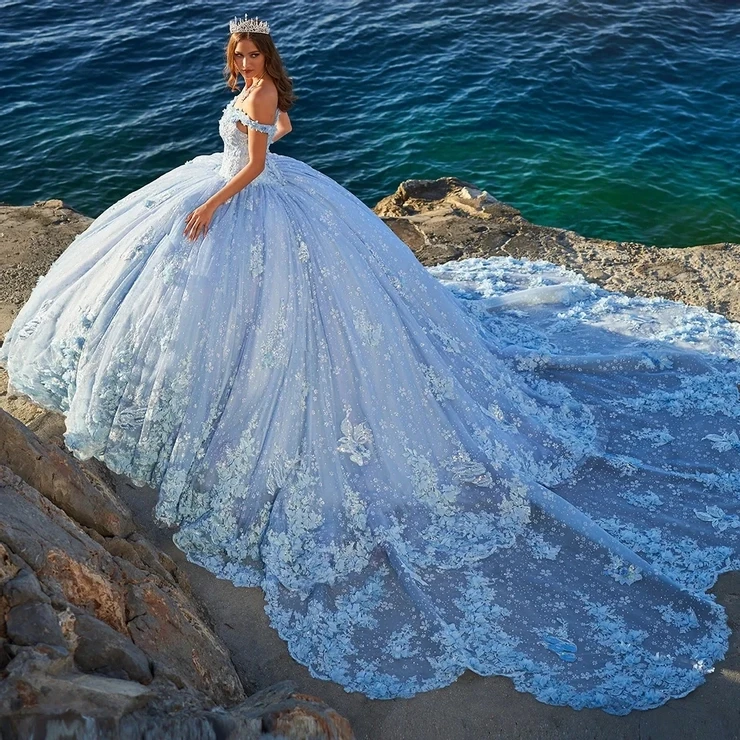 

Sky Blue Charro Quinceanera Dresses Ball Gown Off The Shoulder Tulle Appliques Puffy Mexican Sweet 16 Dresses 15 Anos