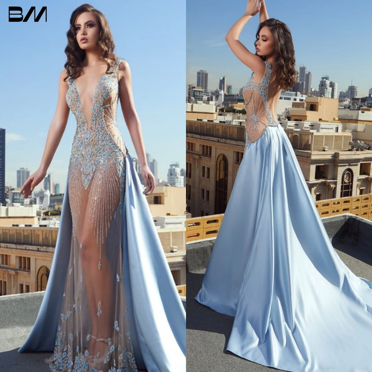 

Sexy Illusion Beaded Prom Dress Satin Train Luxury Beading Deep V Neck See Through Sheath Mermaid Evening Dresses Party Gown