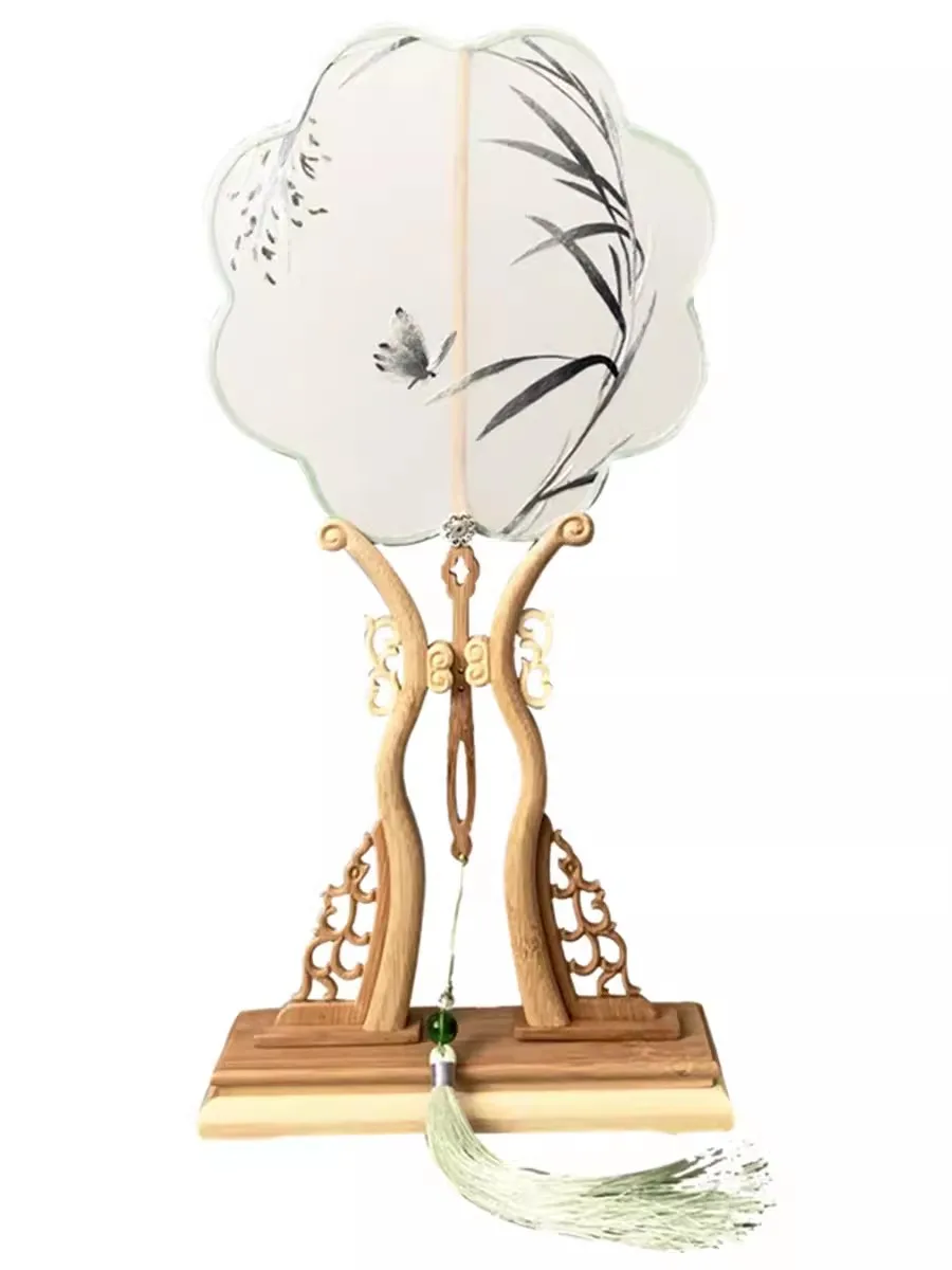 Chinese Style Embroidery Tassel Circular Fan, Double-Sided, Antique Dance Fan, Female Cheongsam, Tassel, Long Handle, Hanfu