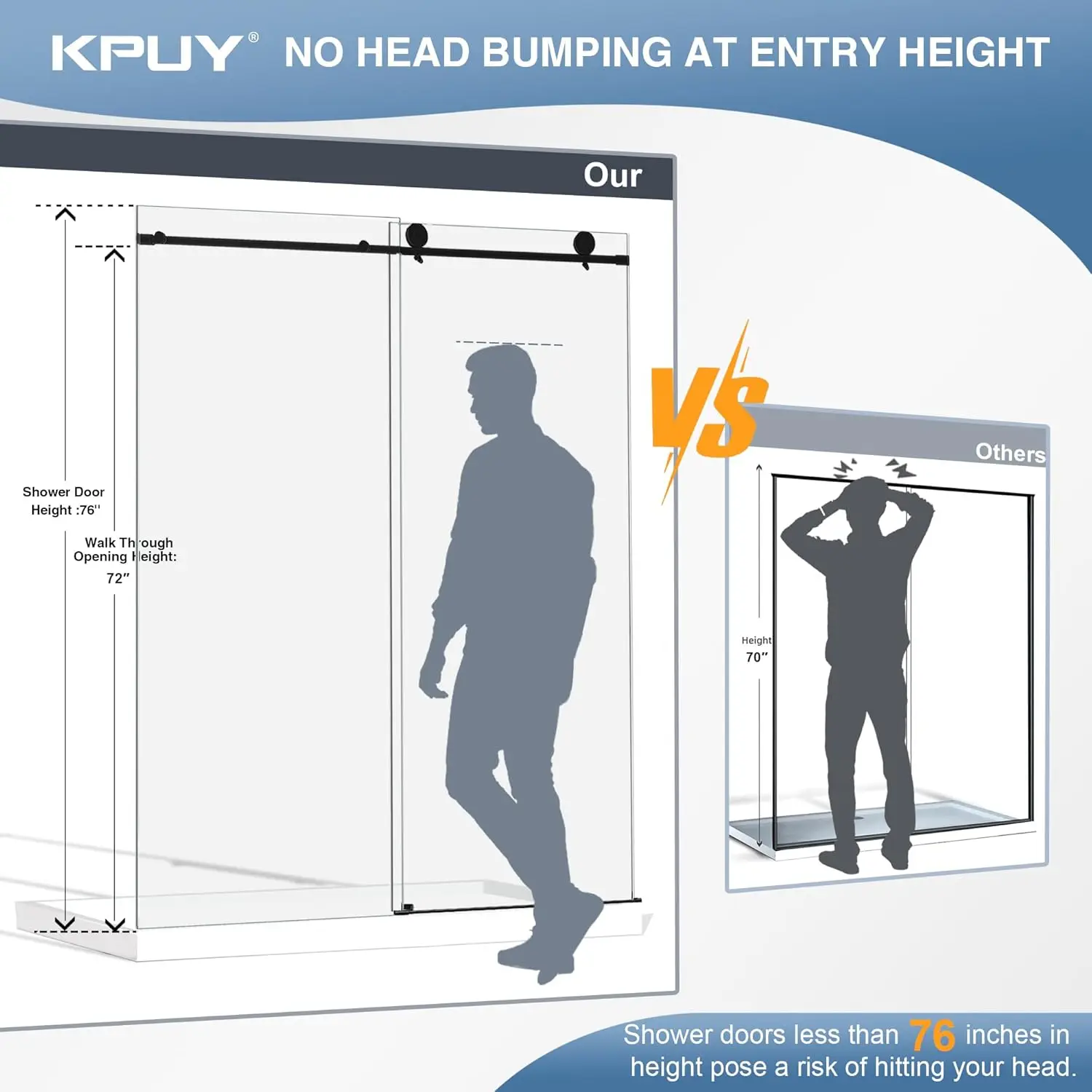 Kpuy Frameless Shower Door, 56-60"" W X 76"" H Glass Shower Door, Sliding Shower Door With 1/4"" (6Mm) Tempered Glass, 2