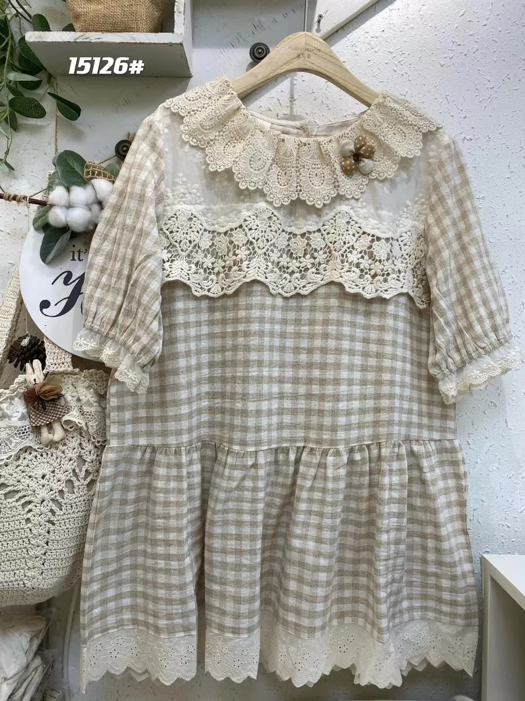 

Summer New Japanese Ruffled Collar Cotton Plaid Shirt Lace Patchwork Loose Pullover High Quality Short Sleeve Shirts