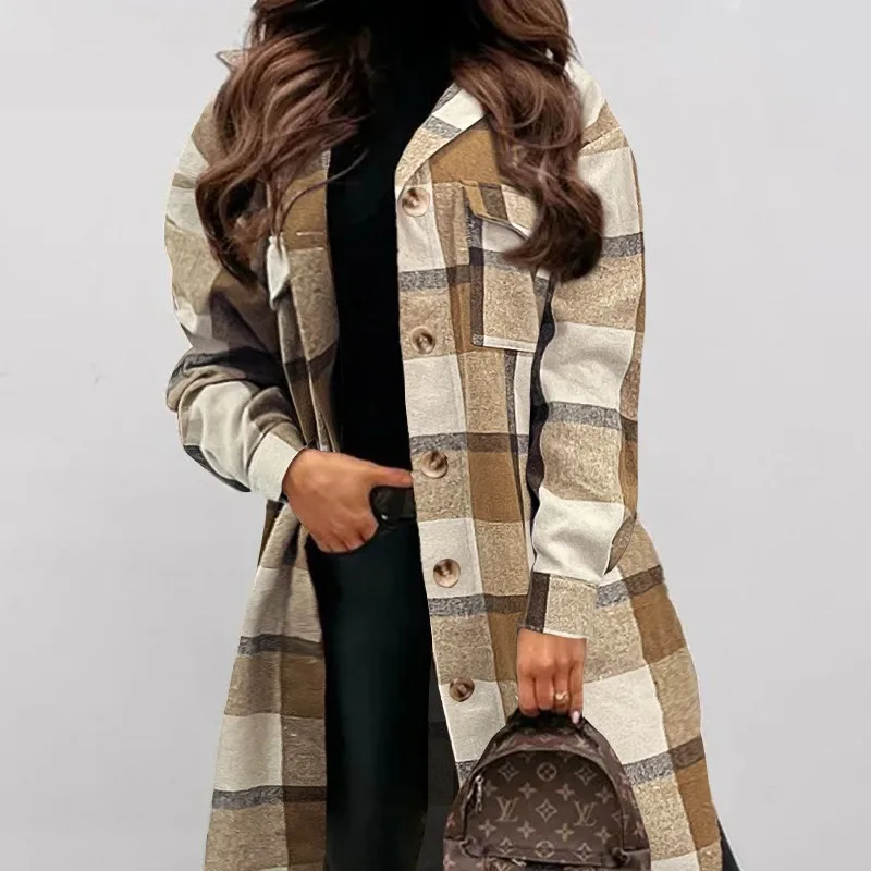 

2024 Spring Autumn New Women's Clothing Plaid Printing Paste Bags Single-Breasted Long Sleeve Coat