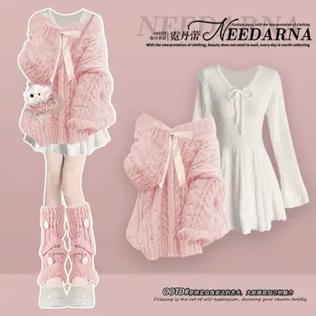 Women Suit French Plus Size Matching Sets Temperament Knitted Sweater Slimming Mini Dress Two-piece Set 1