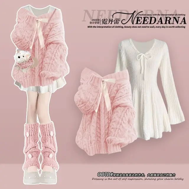 Women Suit French Plus Size Matching Sets Temperament Knitted Sweater Slimming Mini Dress Two-piece Set