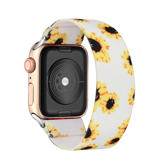 Elastic Scrunchie Strap Band for Apple Watch 7 5 6 4 8mm 40mm 42mm 44mm Women Bracelet for iwatch series 7 6 se 5 4 45mm 41mm white sunflower