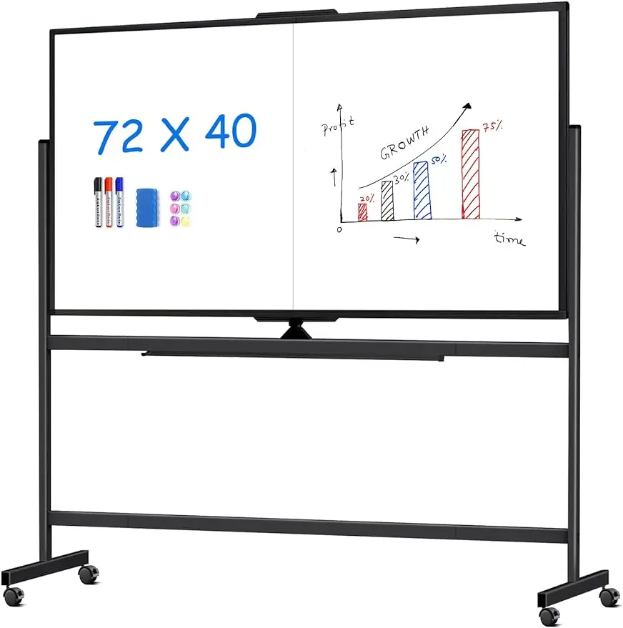 

72 x 40 Large Dry Erase Board with Stand, Magnetic Rolling Whiteboard on Wheels, Double Sided Reversible Mobile White