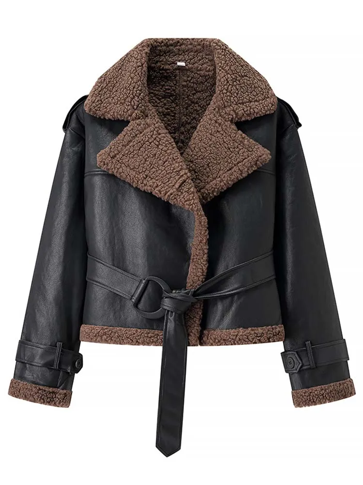 Women Fur Integrated Jacket 2025 New Autumn And Winter Fashion Long Sleeve Coat With Belt Female Elegant High Street Outerwear