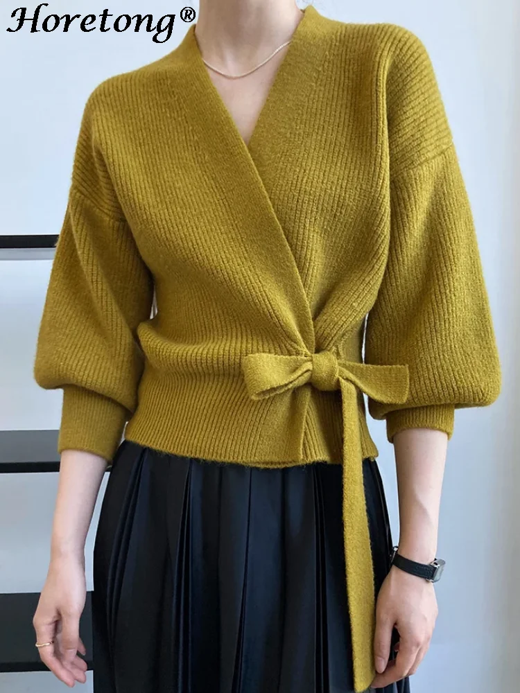 

Horetong Lace Up V-neck Sweater 2023 Autumn Women Long Lantern Sleeve Knitted Cardigan Korean Fashion Casual Loose Short Coat