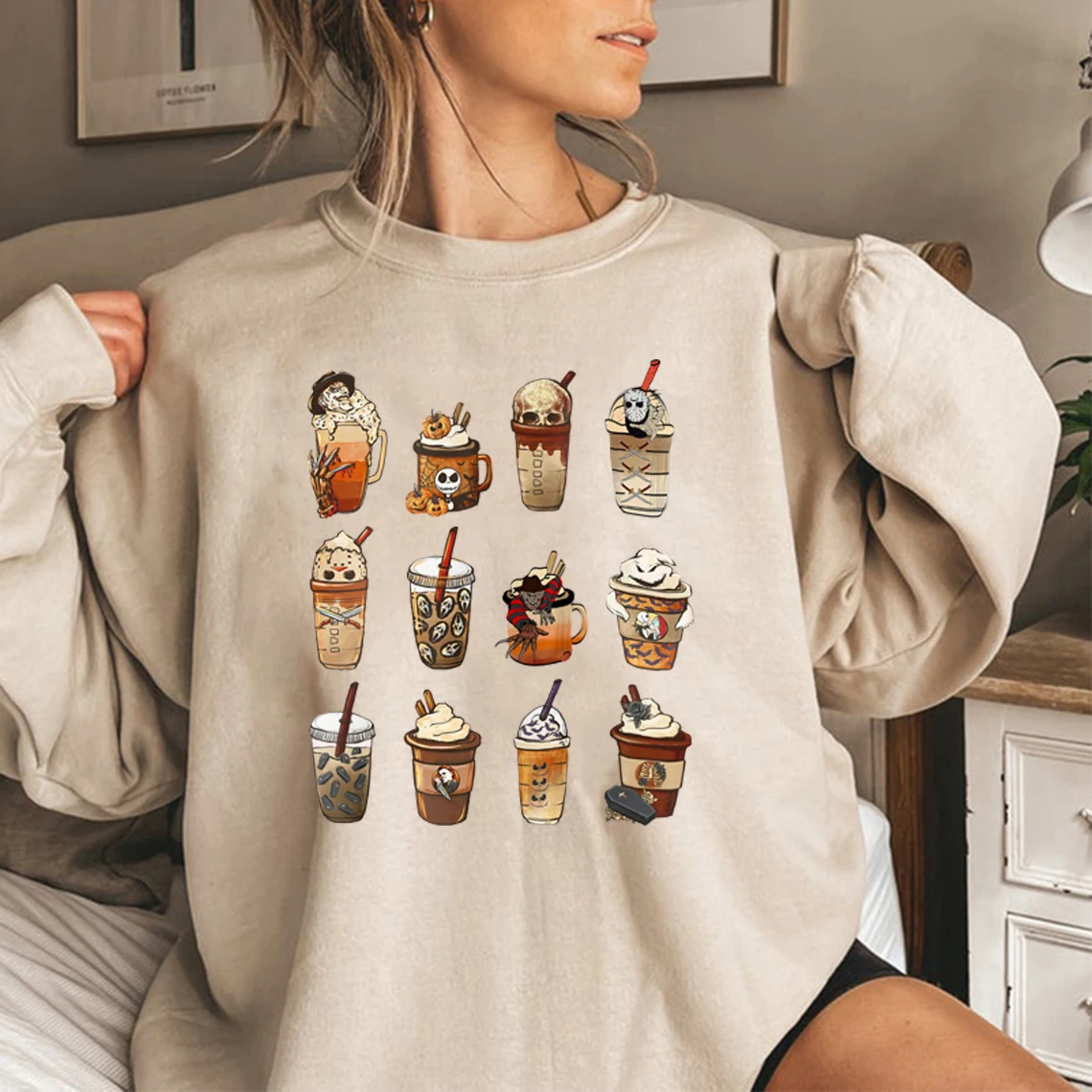

Halloween Horror Coffee Sweatshirt Horror Movie Coffee Hoodies Women Sweatshirts Fall Coffee Hoodie Halloween Gift Pullovers Top