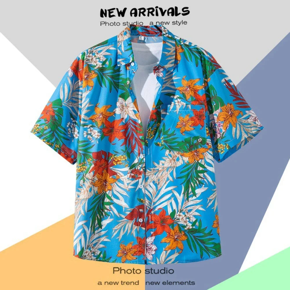 Hawaiian Shirts for Men Retro Single-Breasted Beach Short-Sleeved T-Shirt Summer Holiday Masquerade Men's Clothing