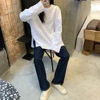 Women T-shirt Slit Loose Oversize Tees Solid Round Neck Simple Dress  Fashion Ladies  Casual Autumn  Long Sleeve Basic Tops - Image 5