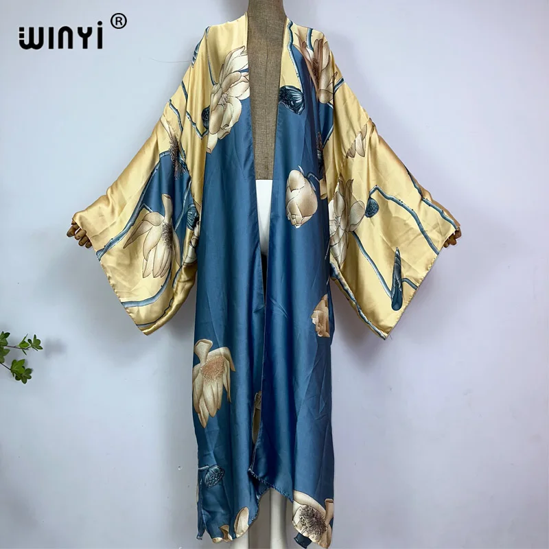 

Кимоно WINYI в европейском стиле, Элегантная Модная накидка-бикини с принтом в стиле бохо, пикантное праздничное шелковое платье макси с длинным рукавом, на лето