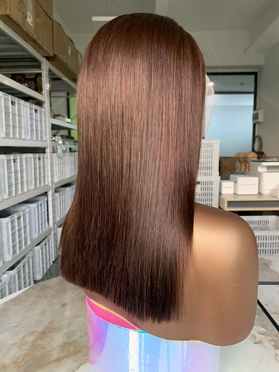 Parrucca frontale in pizzo per capelli umani vietnamiti al vero 250%, caschetto corto # 2 # 4 parrucche di capelli umani color cioccolato marrone con nodo candeggiato Lacefront