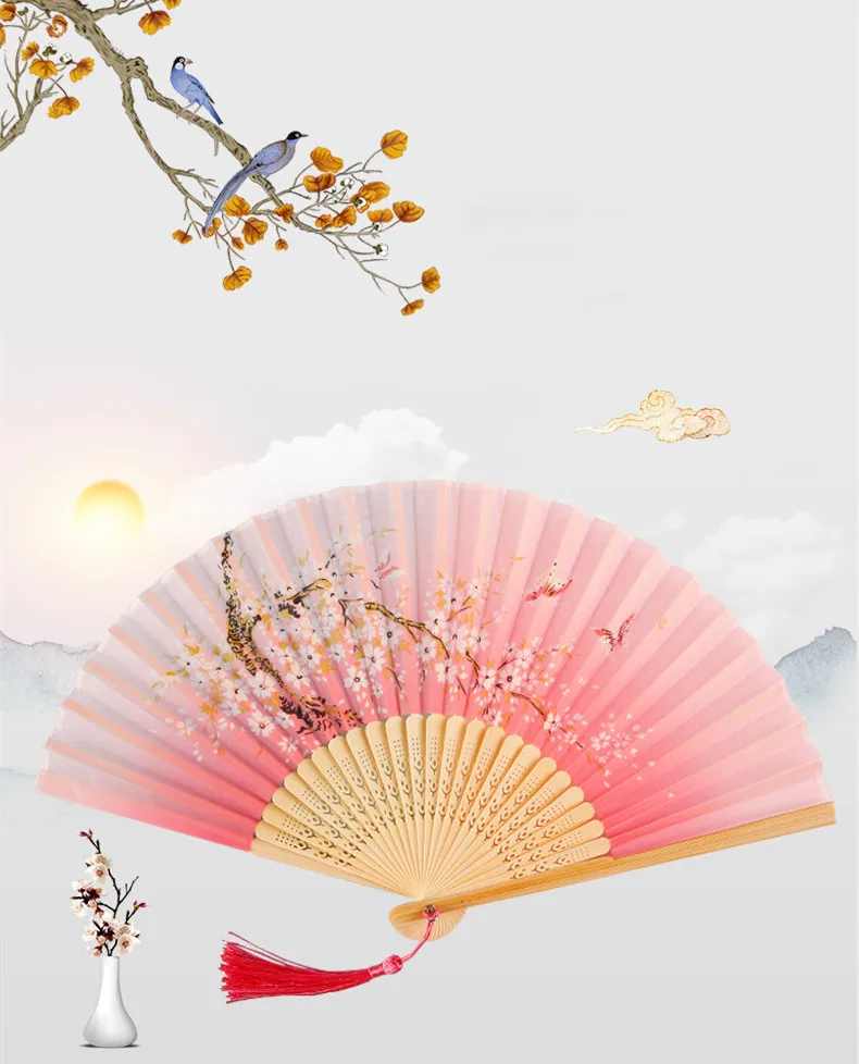 Éventail Pliant Chinois En Soie Et Bambou - Pour Danse, Décoration Ou Cadeau