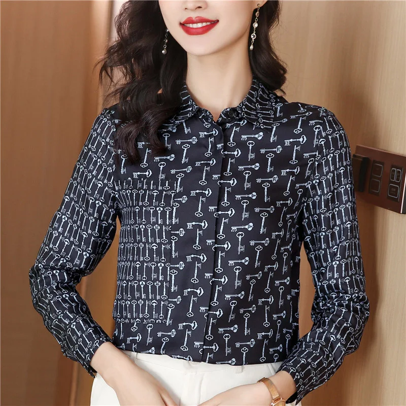 Women Clothing Chic Vintage Printed Loose Fashion Shirts Spring Long Sleeve Temperament Elegant Dignified Blouse Tops