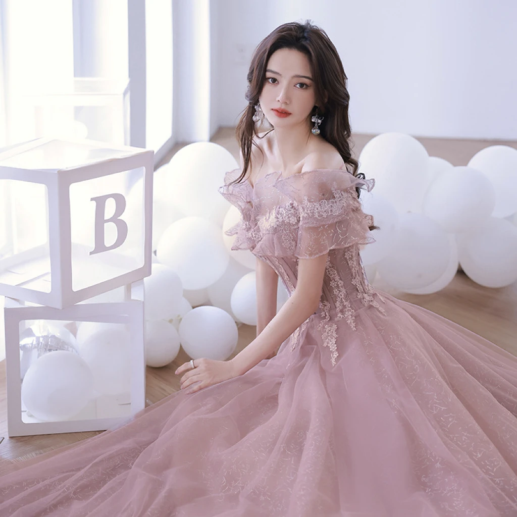 

Gorgeous Pink Prom Dress Off Shoulder Strapless Applique Sequined Ruffle Floor Length Lace Up Formal Wedding Custom Party Gowns