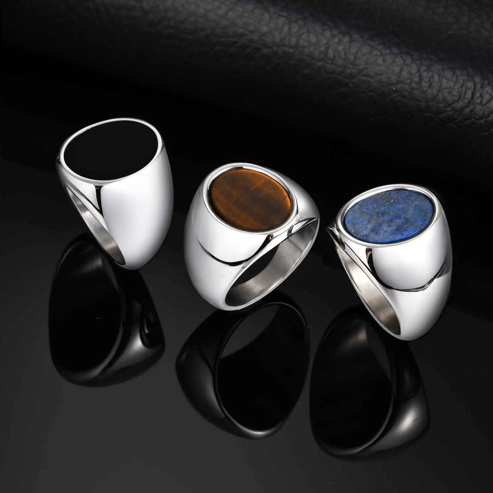 Hochwertiger runder klobiger Naturstein-Ring, modischer Siegelring aus Edelstahl mit blauem Stein für Männer, wasserdichter klassischer Schmuck
