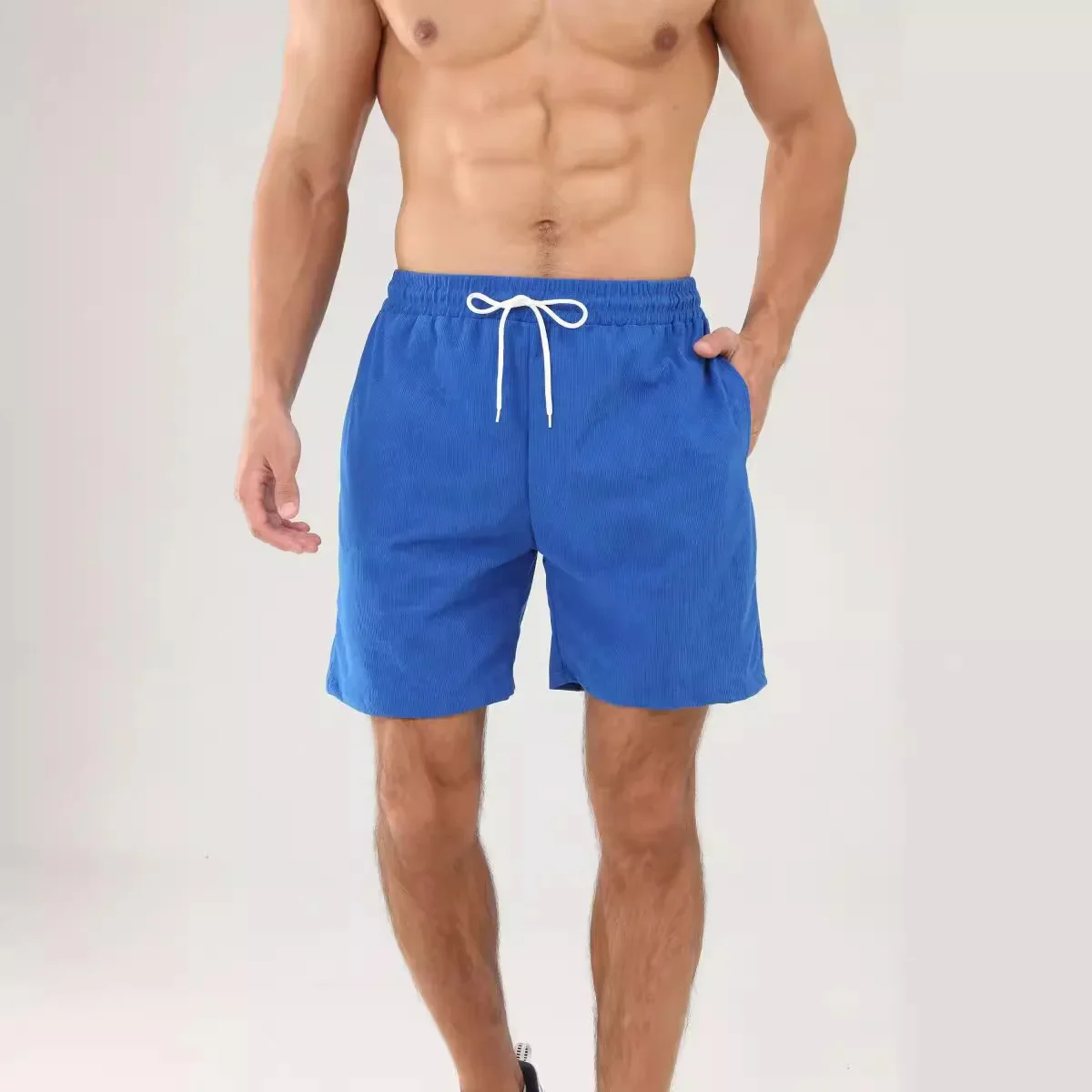 Men's Sporty Corduroy Shorts with Waistband Five-Point Casual Pants Summer Trendy Solid Color Skateboard Long Trousers