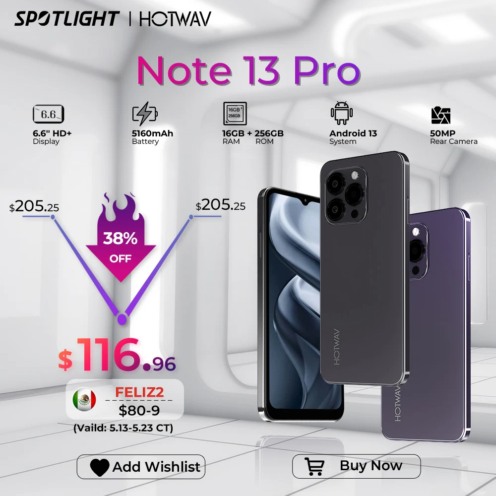 [Światowa premiera] HOTWAV Note 13 Pro 6,6'' HD+ Android 13 16 GB + 256 GB Octa-Core 50 MP NFC 5160 mAh 18 W Ładowanie Dodaj do kosza i willi