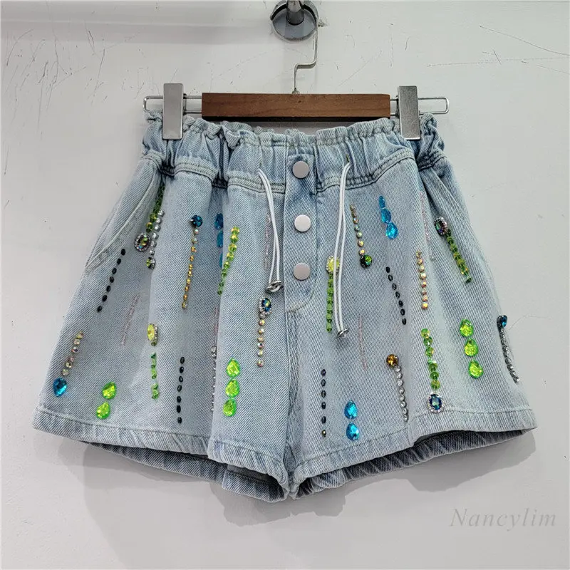 

Beaded Denim Shorts Womans 2023 Summer European Street New Heavy Industry Color Diamond High Waist Loose Hot Pants Shorts Mujer