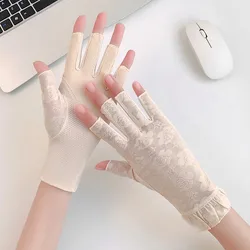 Women Summer Sunscreen Lace Flowers Driving Cycling Breathable Half Finger Gloves Thin Mesh Ice Screen Anti-Slip Mittens