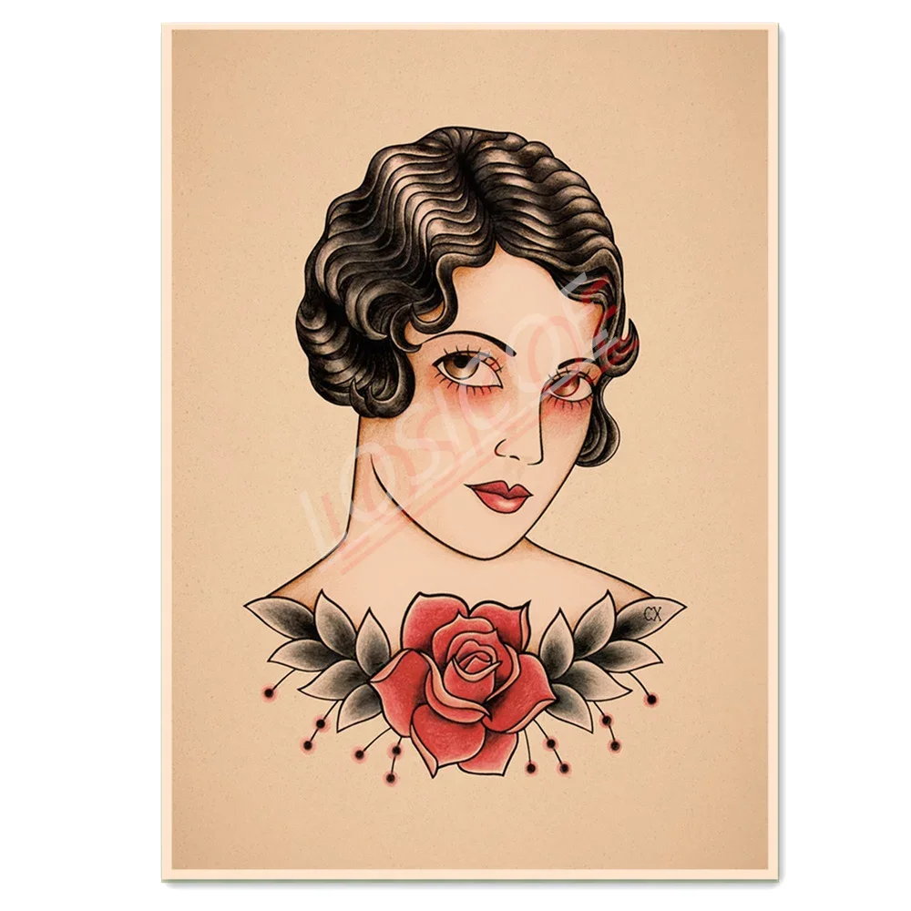 

Elegant Lady Old School Tattoo Art Picture Wall Hanging Painting Vintage Kraft Posters and Prints Wall Chart Wall Decor Drawing