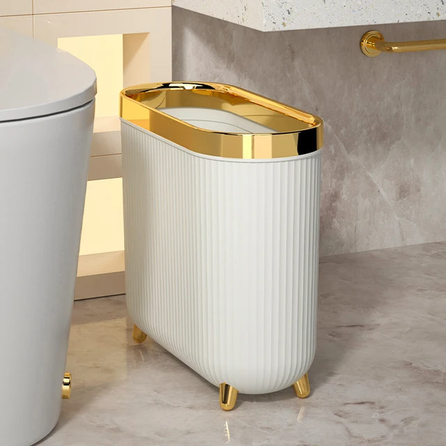 Luxury Waterproof Garbage Tin Bathroom Trash Can Narrow Toilet Gold Foot Storage Bucket with Cover Kitchen.jpg 640x640