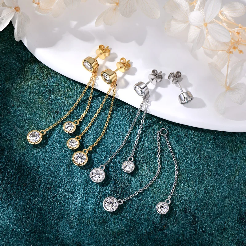 Anziw All Moissanite Drop Earrings Detachable Double Chain Hanging