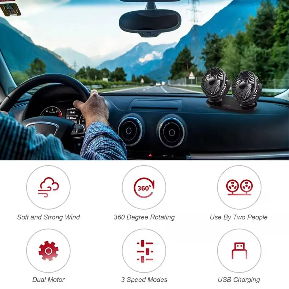 

Portable Dual Head Cooling Car Fan 360° Rotation High Speed Big Wind Electric Fan USB Air Circulation Fans For Truck Van Fa X0X8
