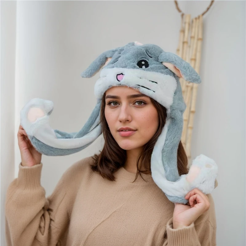 Cute Animals Rabbit Hat With Moving Ears Plush LED Glowing For Women Girls Cosplay Hat