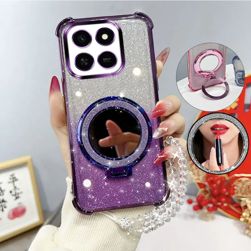 Glitter Shockproof Phone Case with Mirror Stand and Beaded Strap