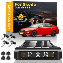 Moniteur de pression des pneus de voiture intelligente TPMS, horloge numérique solaire avec écran LCD, système d'alarme de sécurité pour Skoda Octavia 1 2 3, accessoires