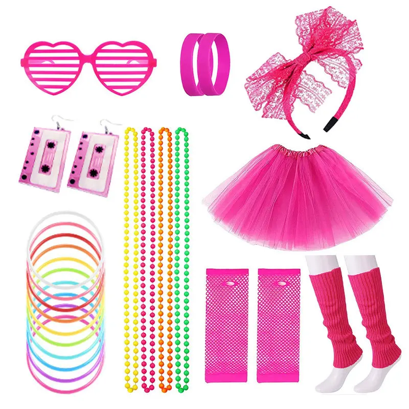 

Tutu Leg Warmers Fishnet Pink Gloves Neon Necklaces Bead 80s Lace Bow Headband Lighting Earrings Sunglasses 1980s Fancy Party