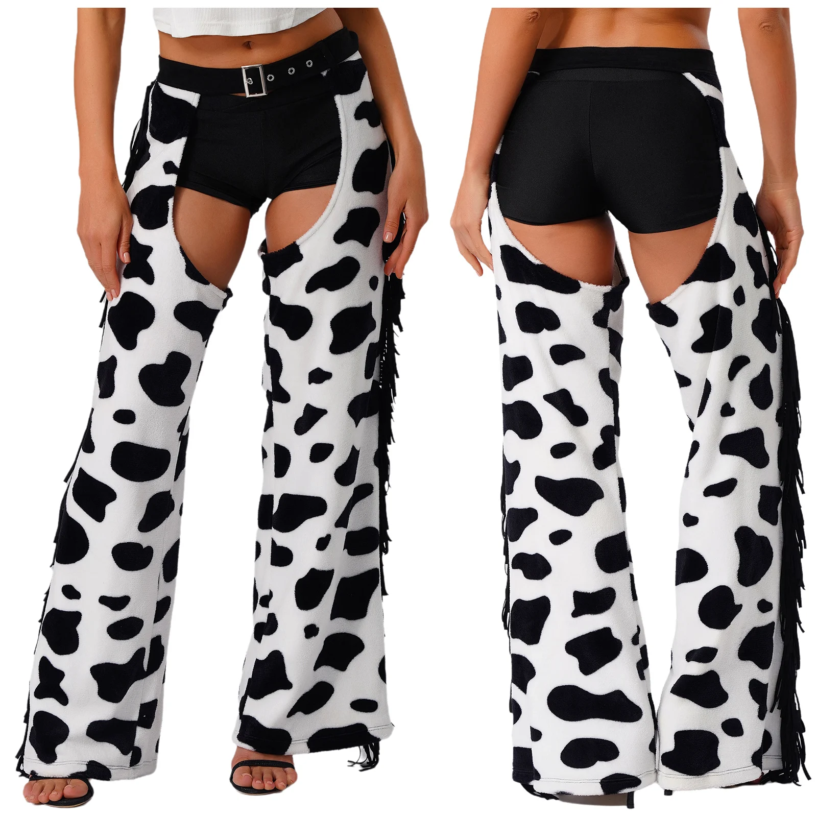 Womens Cow Spot Flannel Pants Halloween Cowboy Chaps Cosplay Costume Open Crotch Biking Riding Cowgirl Trousers with Side Tassel