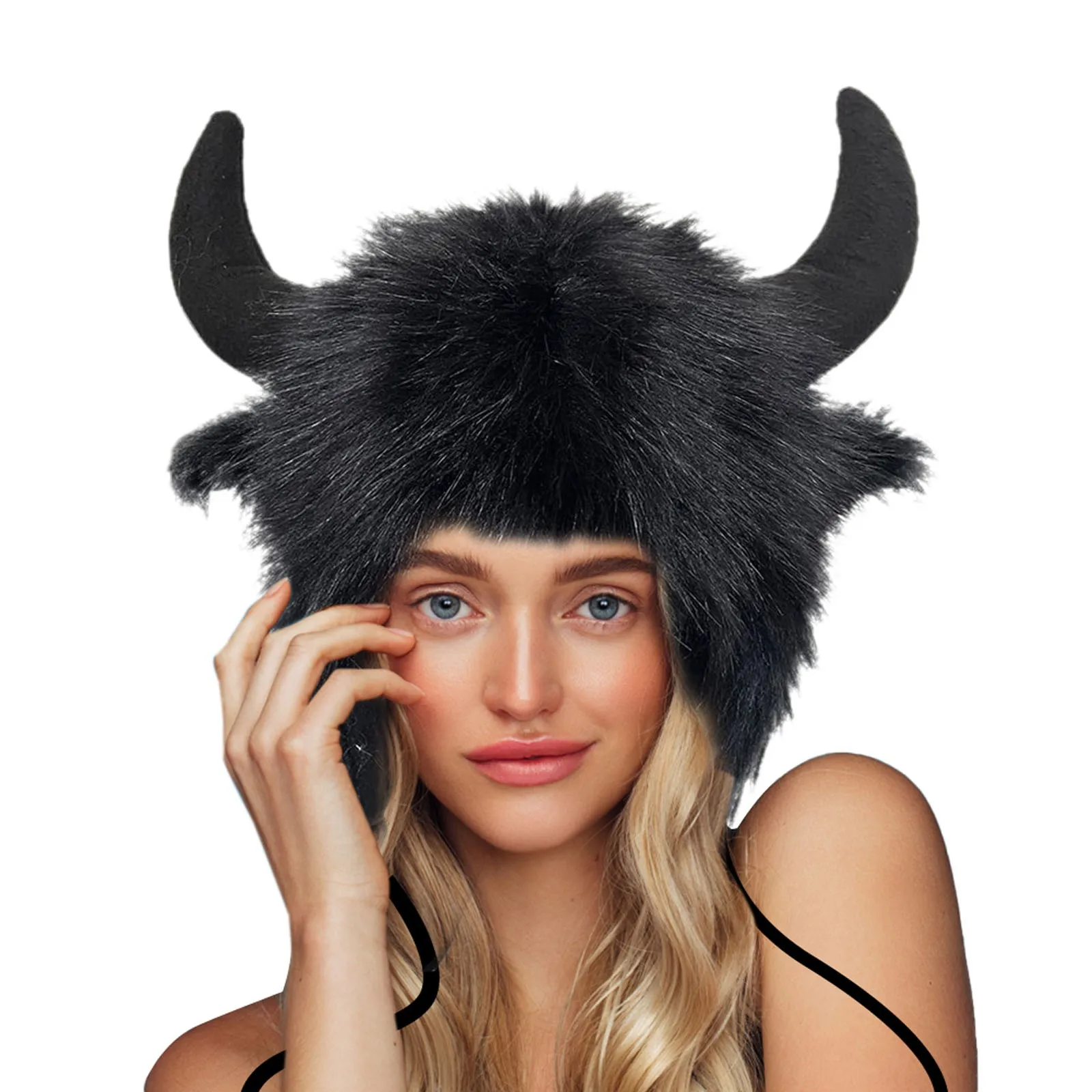 Buffalo Hat With Horns Furry Earmuff Winter Hats Buffalo Face Fluffy Ear Womens Winter Hunting Clothes Bills Gear