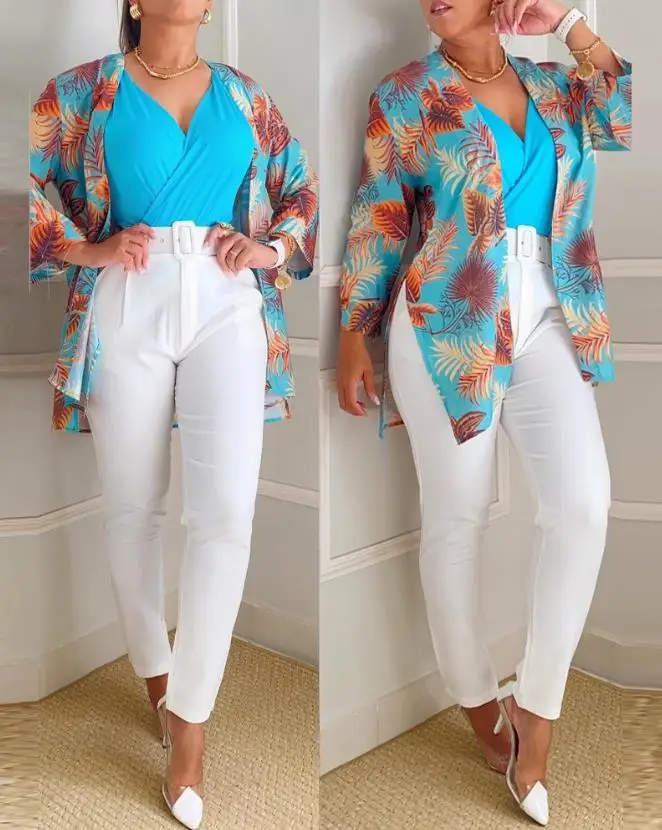 3Pcs Womens Outifits 2023 Spring Fashion Wrap V-Neck Cami Top & Pocket Design Pants Set with Tropical Print Long Sleeve Blouse
