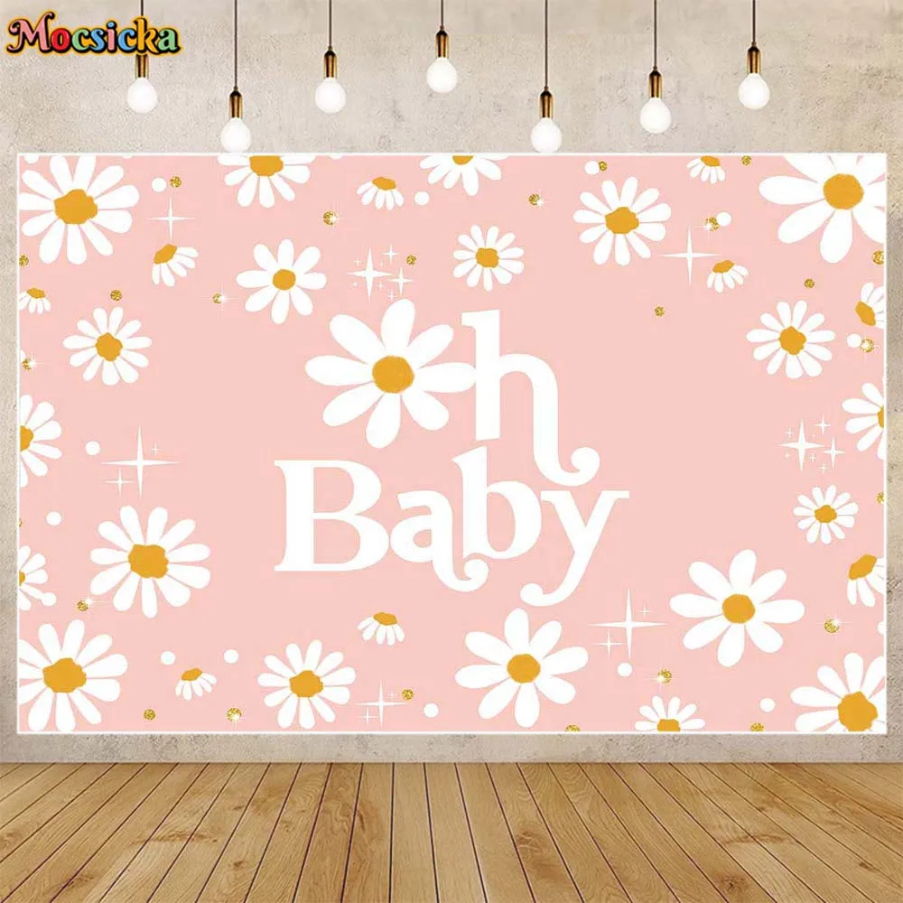 

Mocsicka Daisy Baby Shower Backdrop Newborn Girl Welcome Party Decor Photo Background Pink Cake Table Banner Photo Studio Props