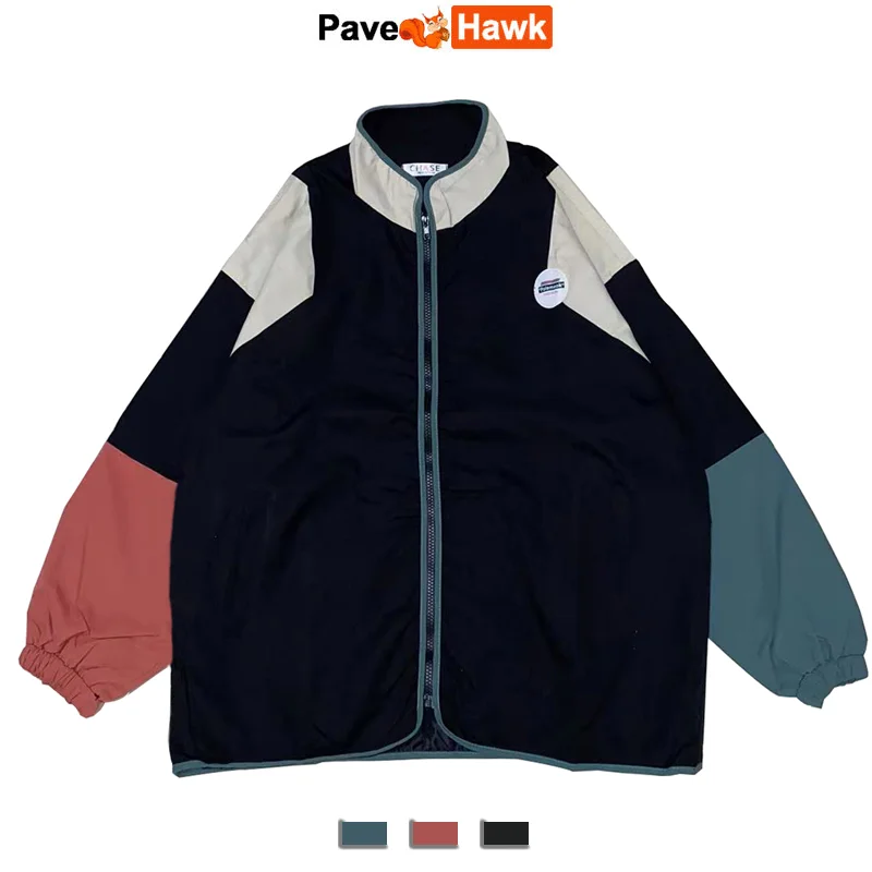 

Spring Patchwork Hooded Jacket Men Japanese Fashion Outdoors Zipper Varsity Jacket Couple Windbreaker Casual Coat 2023