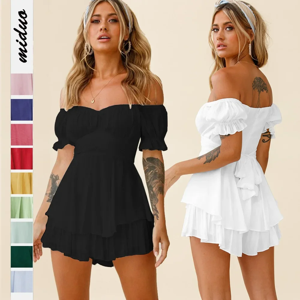 Summer Off-shoulder Boho Shorts Romper Women Lantern Short Sleeve Casual Jumpsuit Loose Y2k Dress Party Club Streetwear Outfit