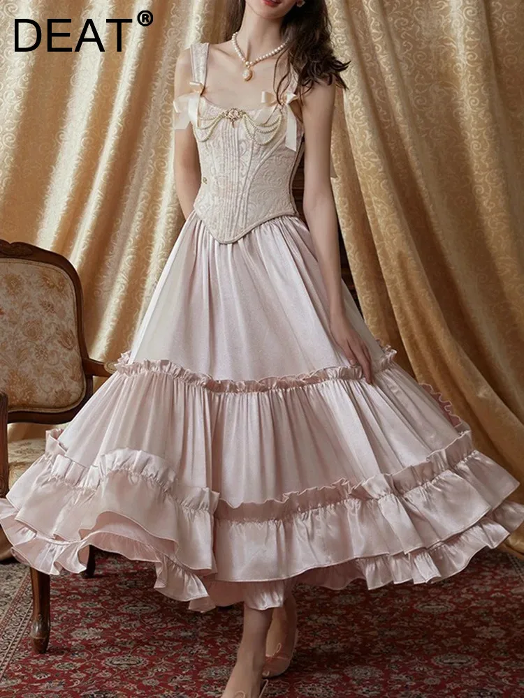 

Женский комплект из топа и юбки DEAT, элегантный атласный комплект из двух предметов, плиссированная юбка с оборками и верх-годе, лето 2024