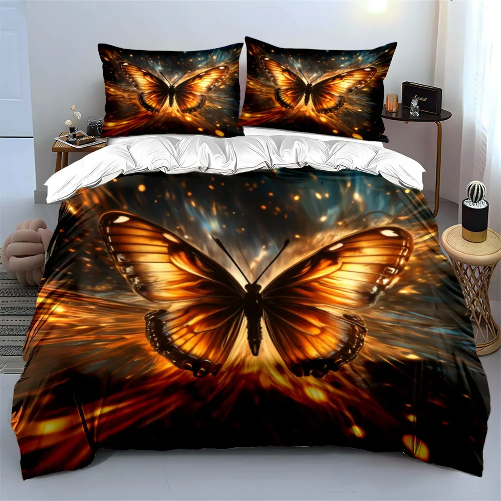 Golden Butterfly Bedding Set 3PC Magical Glowing Wings Print Duvet Cover with Pillowcases Art Style Bedding for Bedroom Decor 2