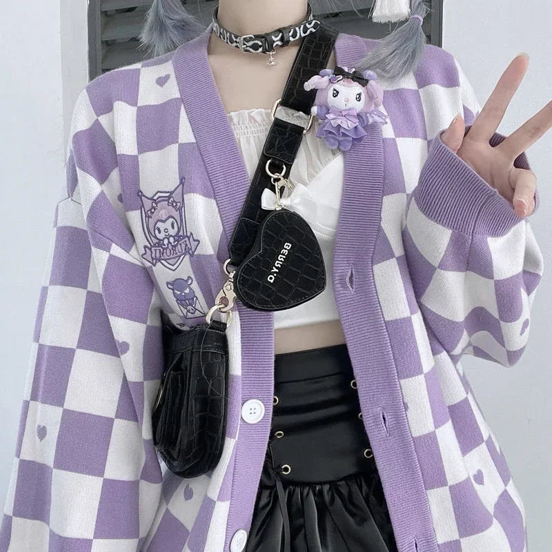 

Кавайный женский кардиган Sanrio, свитер, милый клетчатый Топ Kuromi My Melody, Свободный вязаный свитер с длинными рукавами в студенческом стиле для девушек