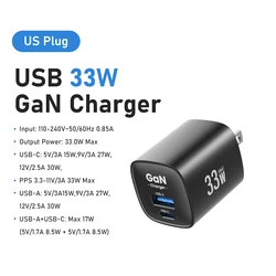 33W GaN USB - C Portable Fast Charger with Dual Ports - US Plug