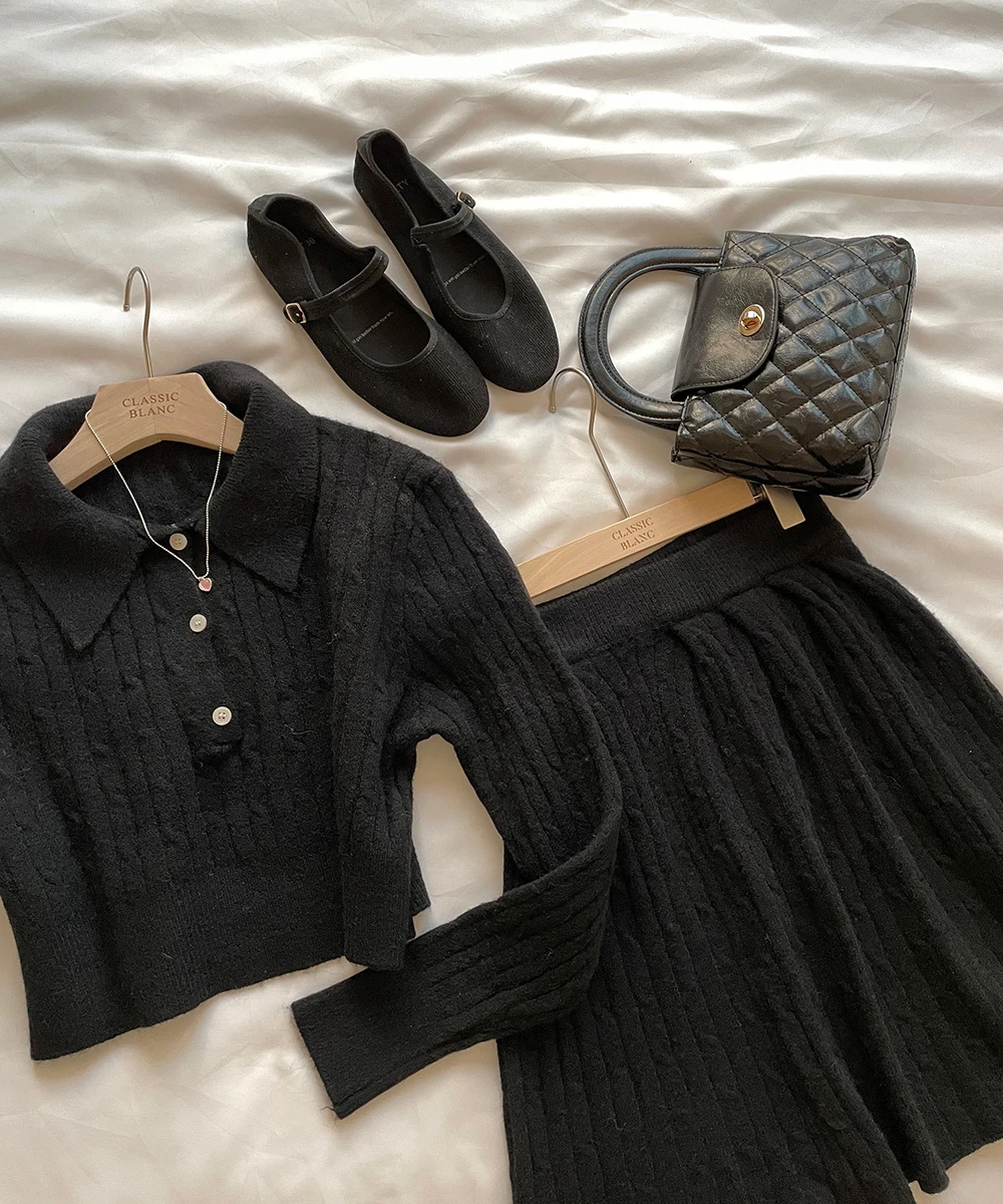 Korean Fashion Two-piece Set Women Pullover Turn-down Collar Crop Top Mini Skirt Solid Casual Suit Autumn New Knitwear Outfits