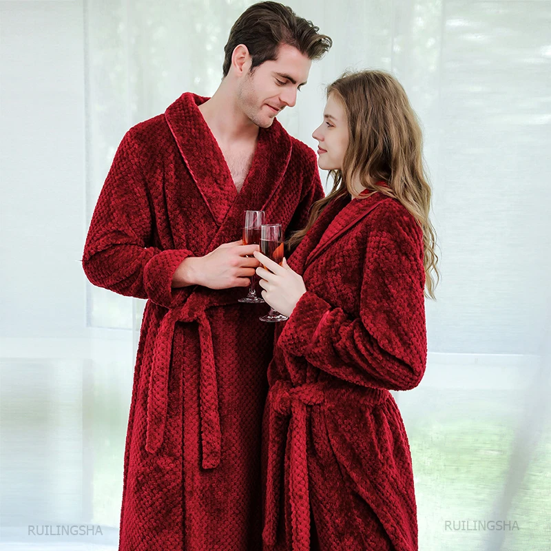 Extra Long Coral Fleece Bathrobe Women Men Flannel Winter Warm Kimono Bath Robe