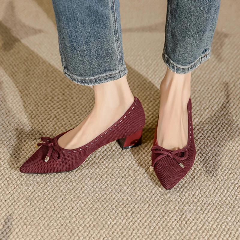 Women's Large Heels 41/42/43 Soft Knitted Fashion Bow Shoes 2025 New Edition 5