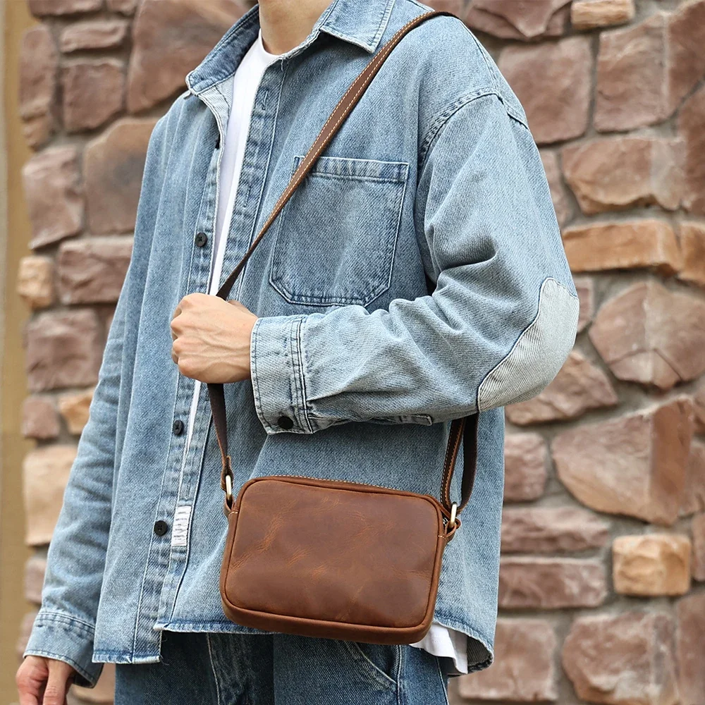 

Fashion Genuine Leather Crossbody Bag Vintage Men Cell Phone Purse Zipper Trave Satchel Shoulder Purse сумка мужская bolsa 숄더백