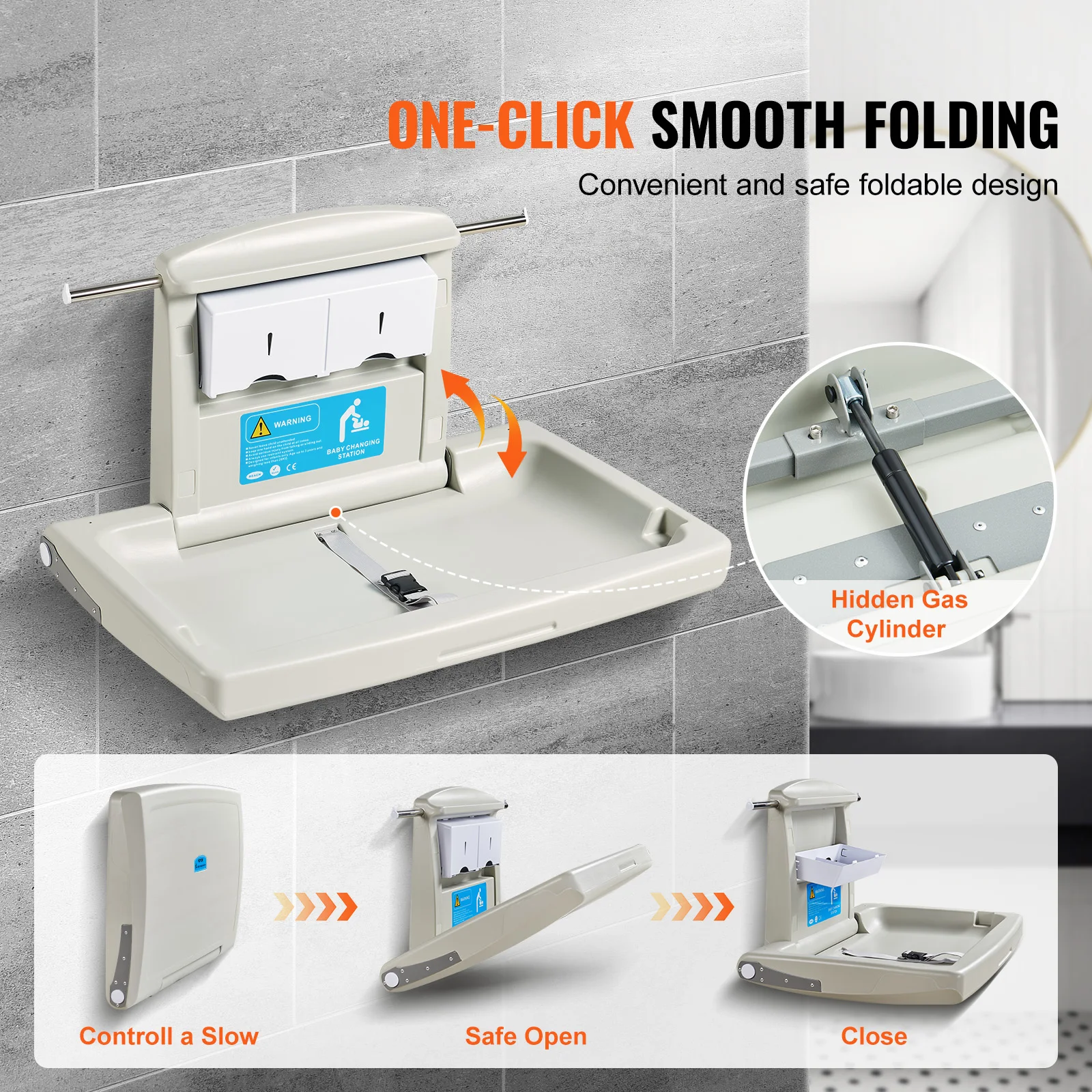 VEVOR Wall-Mounted Baby Changing Station Horizontal Foldable Diaper Change Table w/ Safety Straps and Hanging Rods for Newborns 3