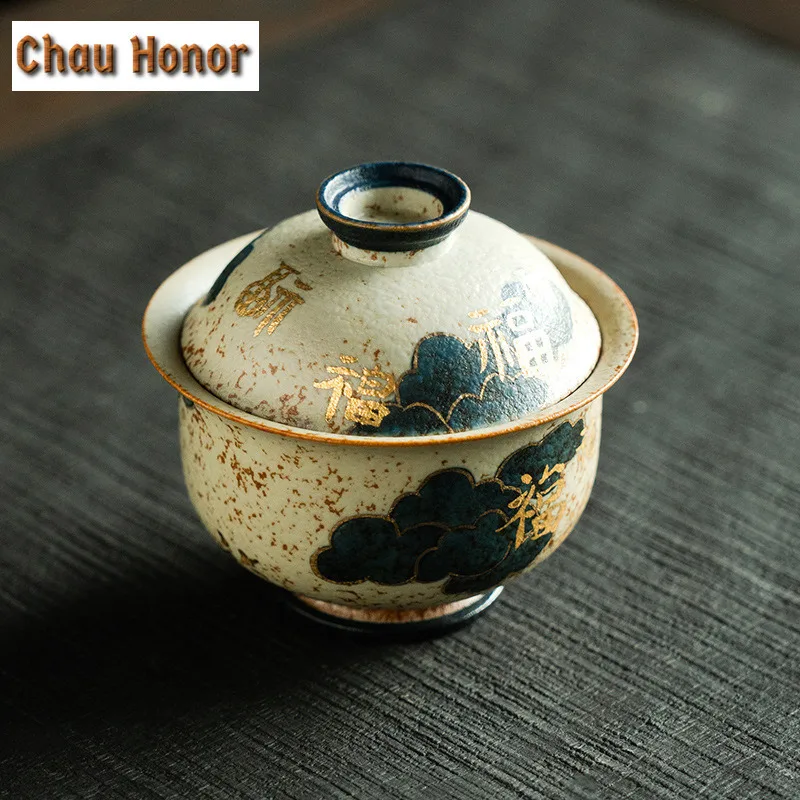 100ml Blue And White Flint Red Gaiwan Handmade Gold Drawing Auspicious Clouds Tea Tureen Tea Making Cover Bowl Cafes Decoration